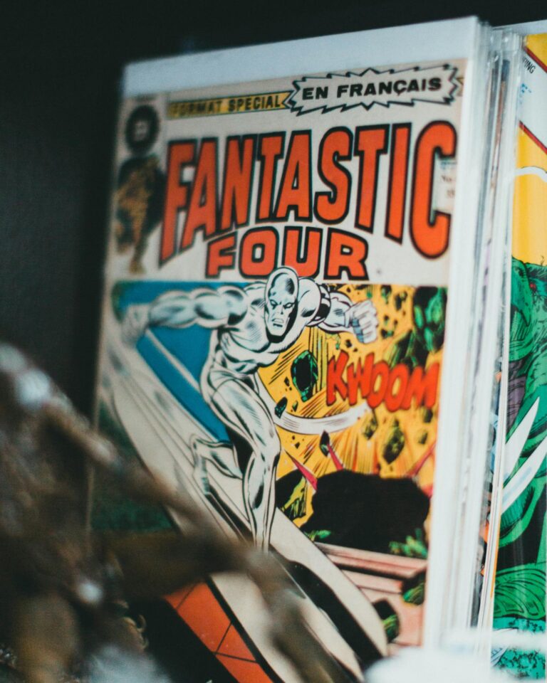 Close-up view of a vintage Fantastic Four comic book cover, showcasing classic superhero art.