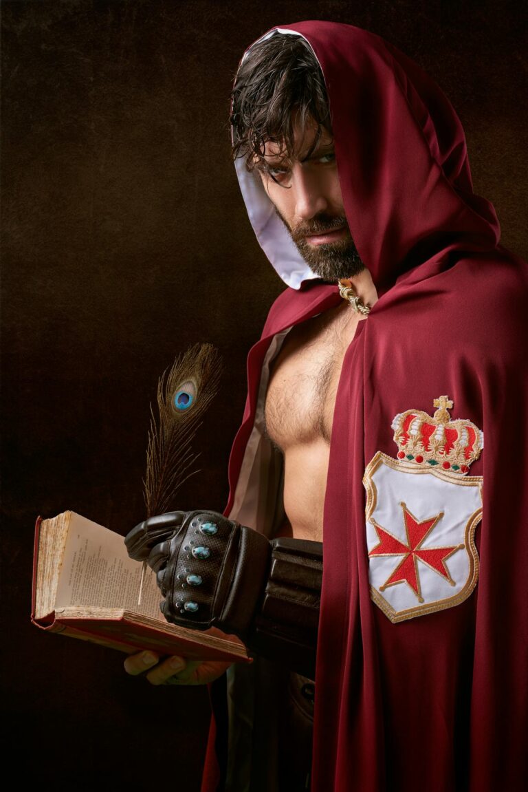 Portrait of a medieval knight in a red cloak holding a book, embodying historical fantasy.
