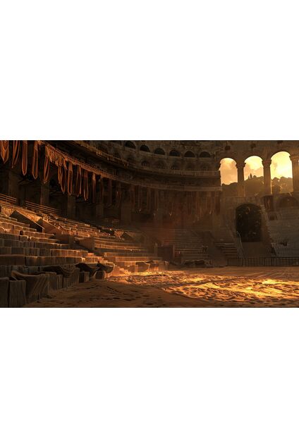 A wide, empty Roman arena at dawn, sand raked smooth, stone seating rising in disciplined tiers, banners hanging motionless in still air, long shadows cast by low sunlight, the space calm yet heavy with expectation, emphasizing restraint, order, and judgment rather than spectacle