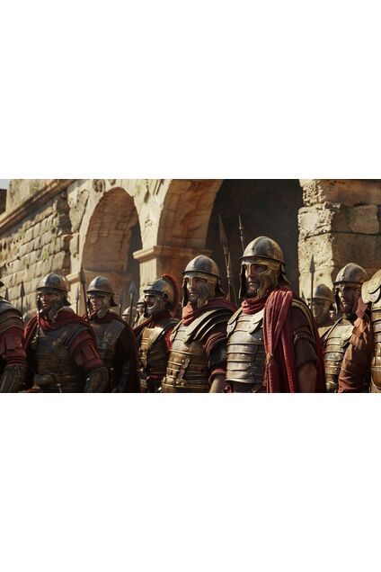 A group of Roman gladiators standing beneath the shaded arches of an arena entrance, waiting in stillness, expressions controlled, armor worn from use rather than ornament, sunlight cutting across stone and sand beyond them, emphasizing anticipation, restraint, and the weight of survival