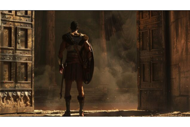 A gladiator standing alone at the threshold of an arena gate, not yet entering, hand resting lightly on worn equipment, posture steady and deliberate, the space ahead obscured by shadow