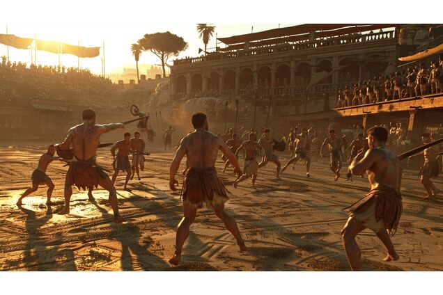 A group of gladiators engaged in controlled drills within a sunlit training yard, movements precise and deliberate, instructors observing closely from the edges, sand marked by repeated patterns of footwork
